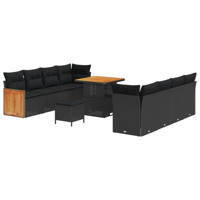 11 Piece Garden Sofa Set with Cushions Black Poly Rattan Acacia