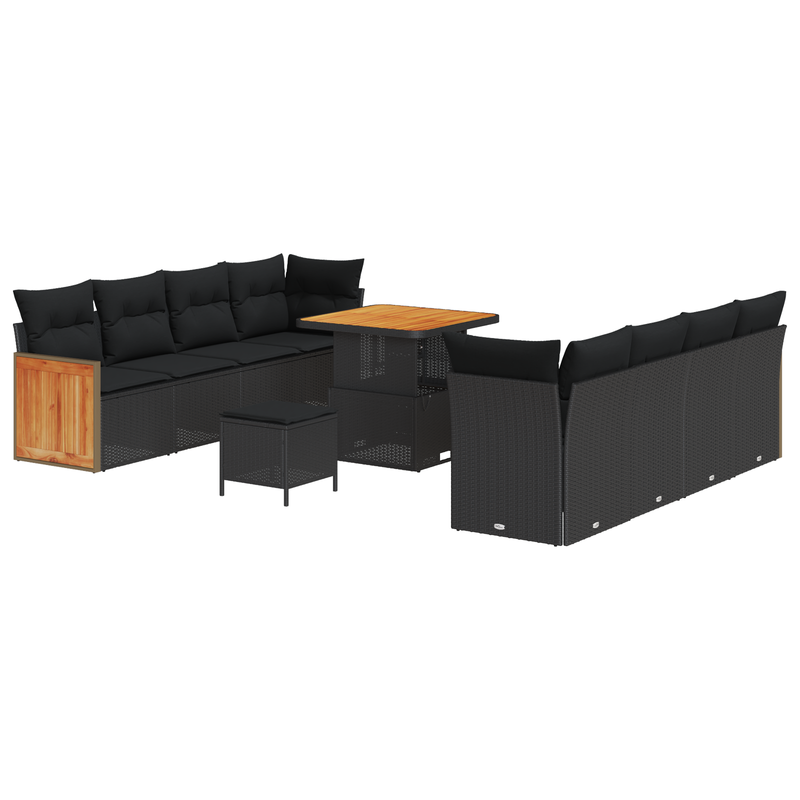 11 Piece Garden Sofa Set with Cushions Black Poly Rattan Acacia