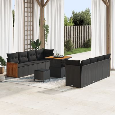 11 Piece Garden Sofa Set with Cushions Black Poly Rattan Acacia