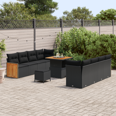 11 Piece Garden Sofa Set with Cushions Black Poly Rattan Acacia