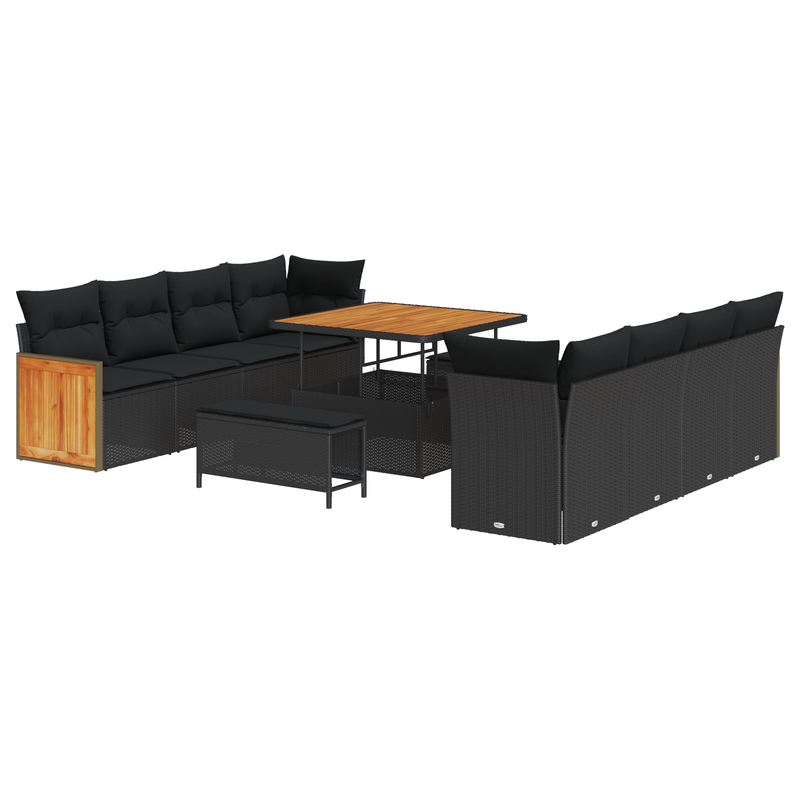 11 Piece Garden Sofa Set with Cushions Black Poly Rattan Acacia