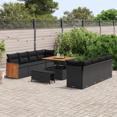 11 Piece Garden Sofa Set with Cushions Black Poly Rattan Acacia