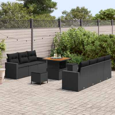 10 Piece Garden Sofa Set with Cushions Black Poly Rattan Acacia