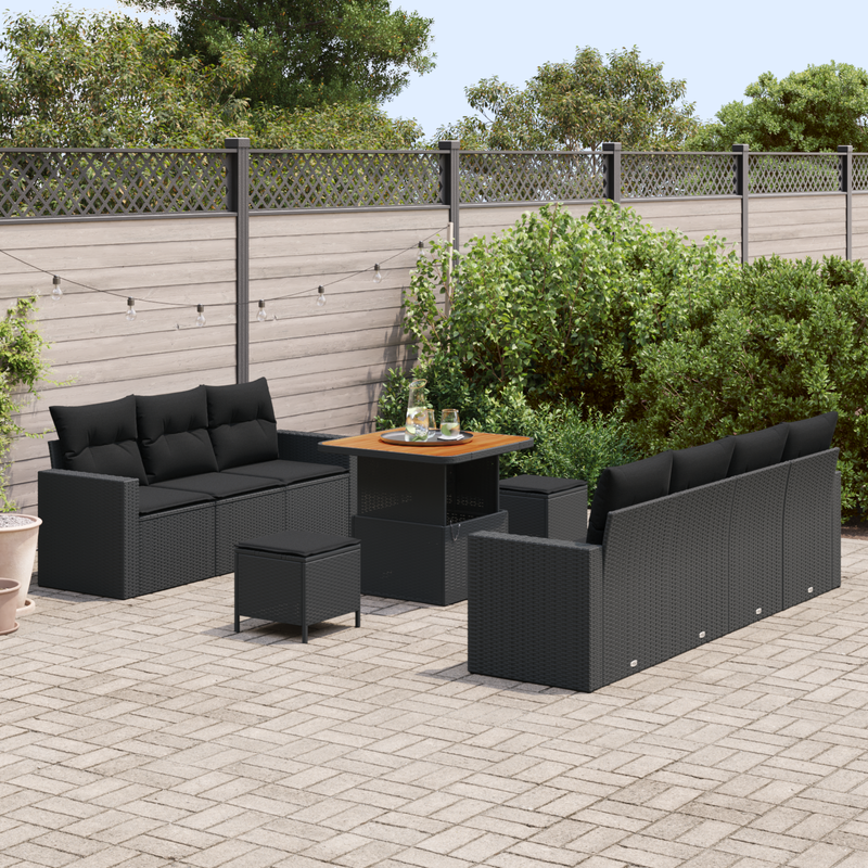 10 Piece Garden Sofa Set with Cushions Black Poly Rattan Acacia