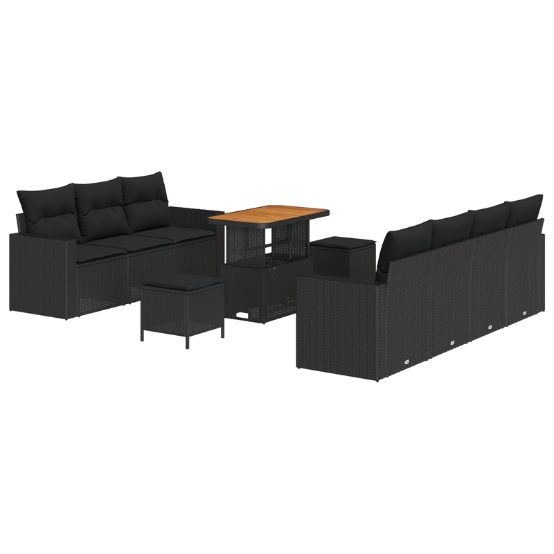 10 Piece Garden Sofa Set with Cushions Black Poly Rattan Acacia