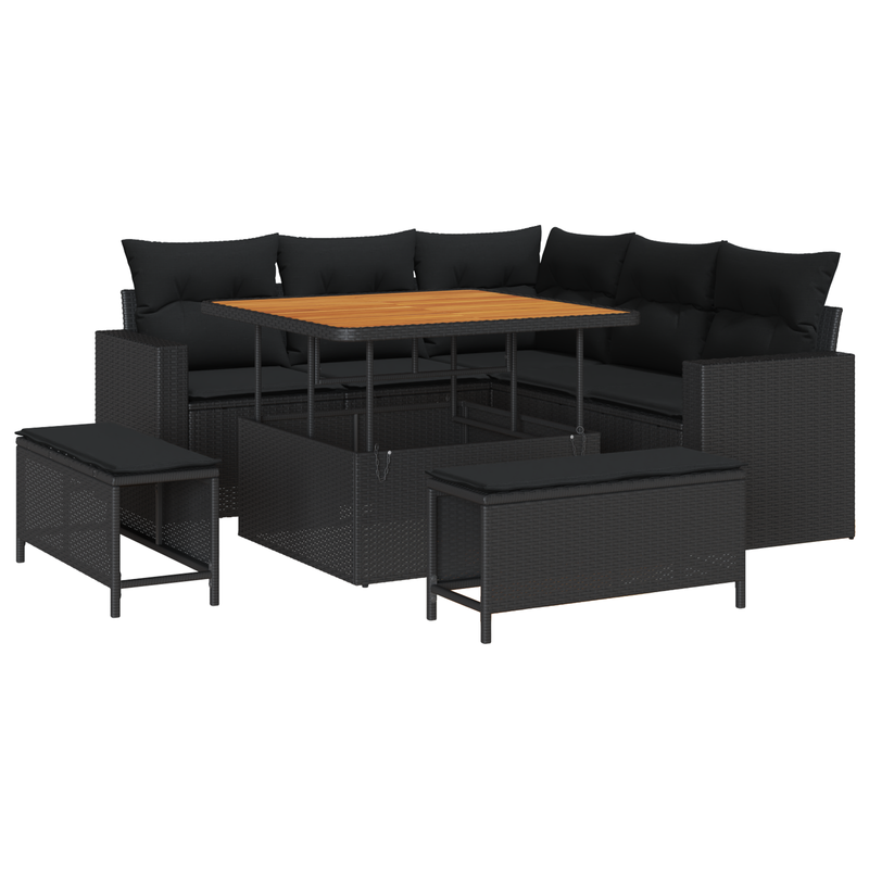 8 Piece Garden Sofa Set with Cushions Black Poly Rattan Acacia