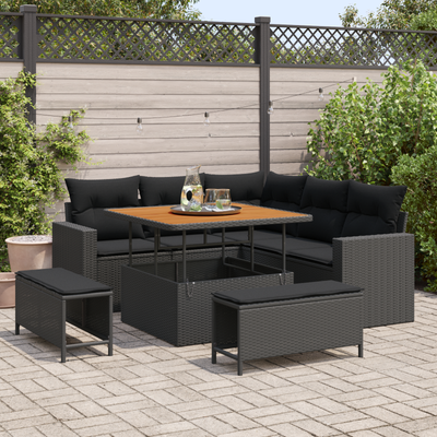 8 Piece Garden Sofa Set with Cushions Black Poly Rattan Acacia