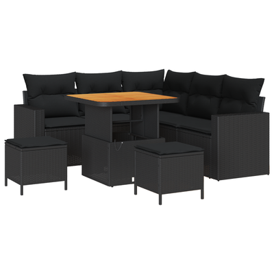 8 Piece Garden Sofa Set with Cushions Black Poly Rattan Acacia
