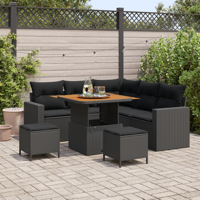 8 Piece Garden Sofa Set with Cushions Black Poly Rattan Acacia
