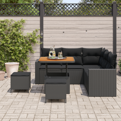 8 Piece Garden Sofa Set with Cushions Black Poly Rattan Acacia