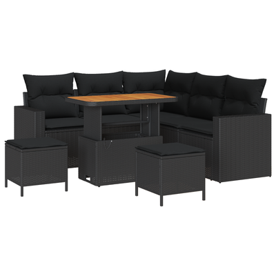 8 Piece Garden Sofa Set with Cushions Black Poly Rattan Acacia
