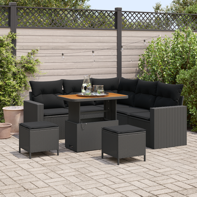 8 Piece Garden Sofa Set with Cushions Black Poly Rattan Acacia