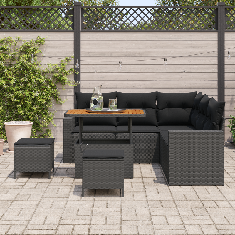 8 Piece Garden Sofa Set with Cushions Black Poly Rattan Acacia