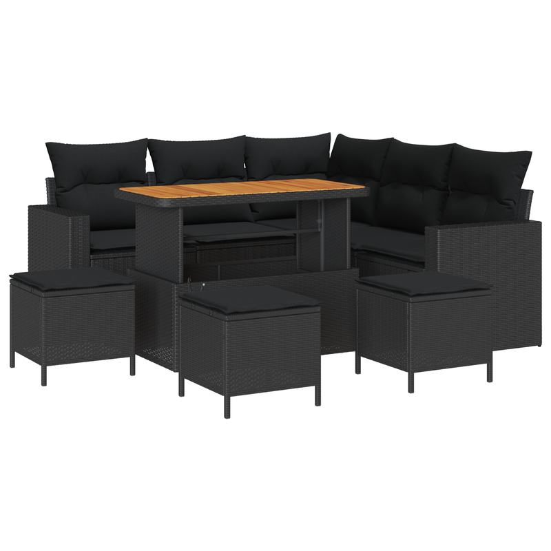 9 Piece Garden Sofa Set with Cushions Black Poly Rattan Acacia
