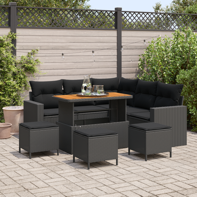 9 Piece Garden Sofa Set with Cushions Black Poly Rattan Acacia