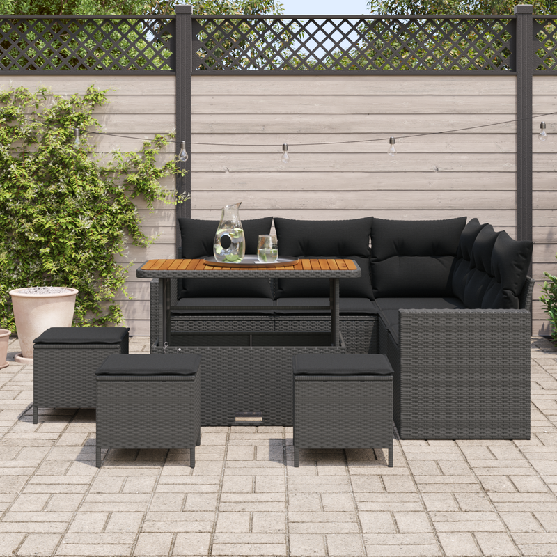 9 Piece Garden Sofa Set with Cushions Black Poly Rattan Acacia