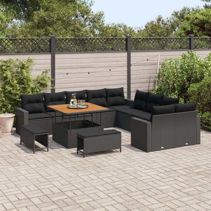 13 Piece Garden Sofa Set with Cushions Black Poly Rattan Acacia