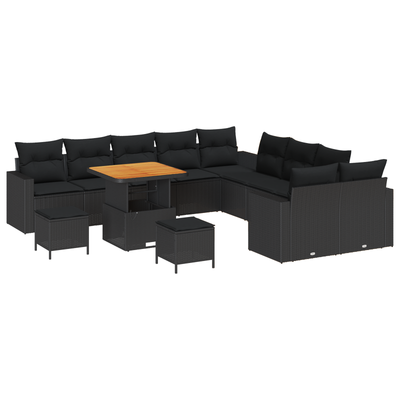 13 Piece Garden Sofa Set with Cushions Black Poly Rattan Acacia