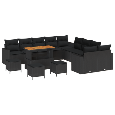 14 Piece Garden Sofa Set with Cushions Black Poly Rattan Acacia