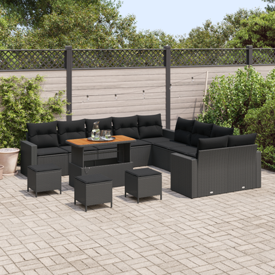 14 Piece Garden Sofa Set with Cushions Black Poly Rattan Acacia