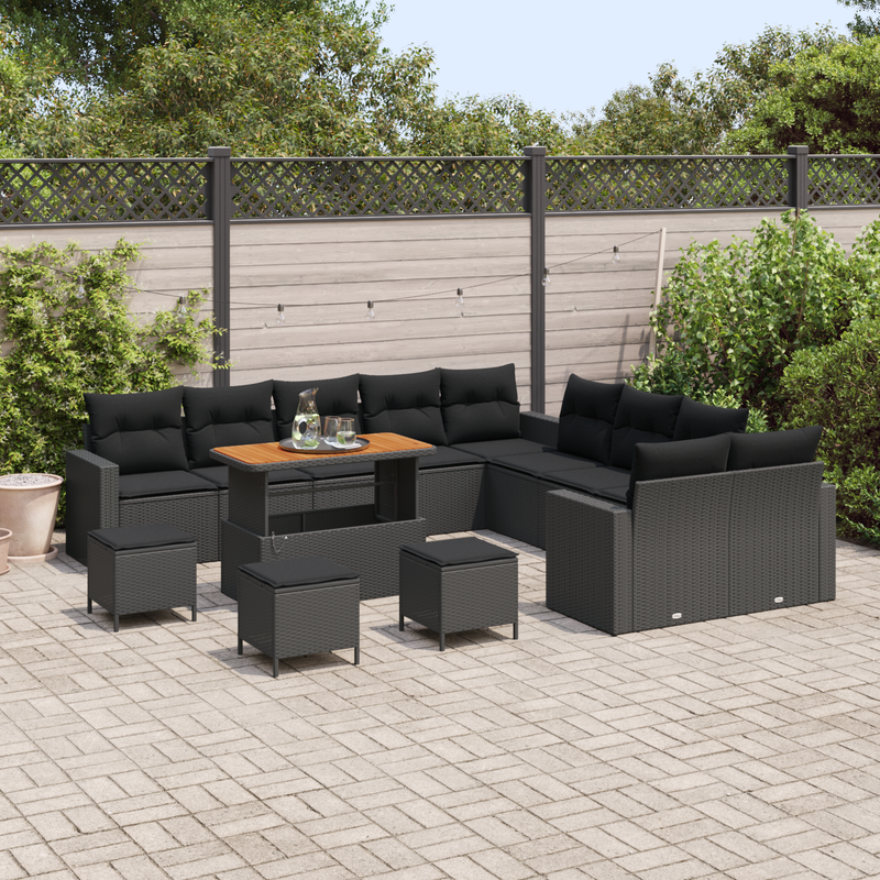 14 Piece Garden Sofa Set with Cushions Black Poly Rattan Acacia