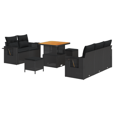 8 Piece Garden Sofa Set with Cushions Black Poly Rattan Acacia