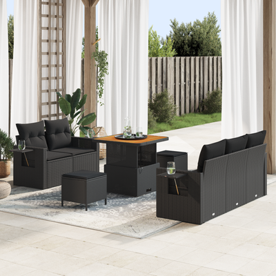 8 Piece Garden Sofa Set with Cushions Black Poly Rattan Acacia