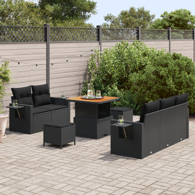 8 Piece Garden Sofa Set with Cushions Black Poly Rattan Acacia