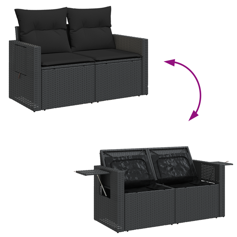 8 Piece Garden Sofa Set with Cushions Black Poly Rattan Acacia