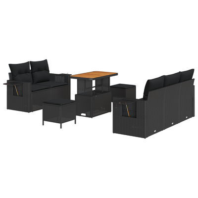 8 Piece Garden Sofa Set with Cushions Black Poly Rattan Acacia
