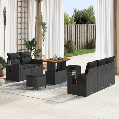 8 Piece Garden Sofa Set with Cushions Black Poly Rattan Acacia