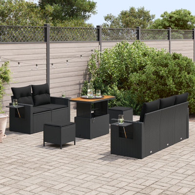 8 Piece Garden Sofa Set with Cushions Black Poly Rattan Acacia