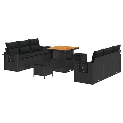 9 Piece Garden Sofa Set with Cushions Black Poly Rattan Acacia