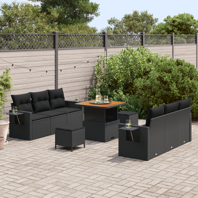 9 Piece Garden Sofa Set with Cushions Black Poly Rattan Acacia