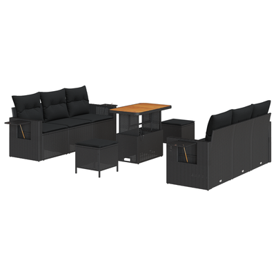 9 Piece Garden Sofa Set with Cushions Black Poly Rattan Acacia