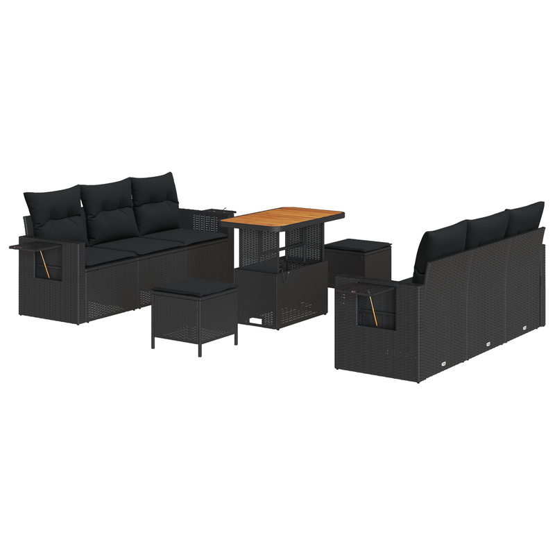 9 Piece Garden Sofa Set with Cushions Black Poly Rattan Acacia