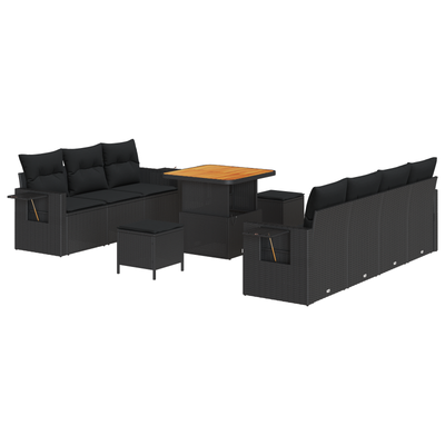10 Piece Garden Sofa Set with Cushions Black Poly Rattan Acacia