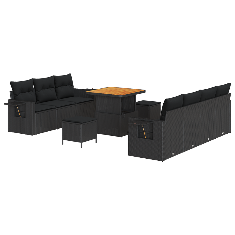 10 Piece Garden Sofa Set with Cushions Black Poly Rattan Acacia