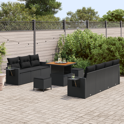 10 Piece Garden Sofa Set with Cushions Black Poly Rattan Acacia