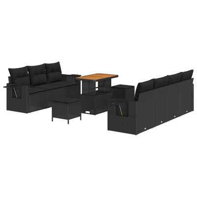 10 Piece Garden Sofa Set with Cushions Black Poly Rattan Acacia