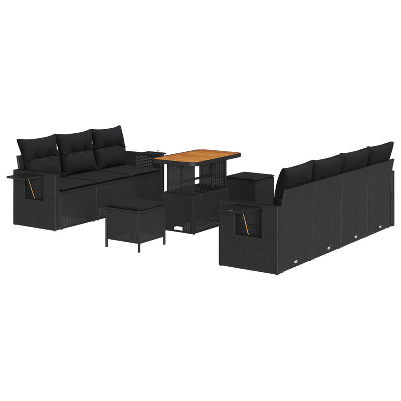 10 Piece Garden Sofa Set with Cushions Black Poly Rattan Acacia