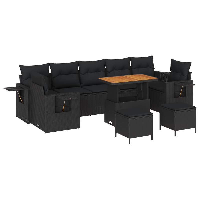 10 Piece Garden Sofa Set with Cushions Black Poly Rattan Acacia