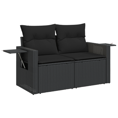 10 Piece Garden Sofa Set with Cushions Black Poly Rattan Acacia