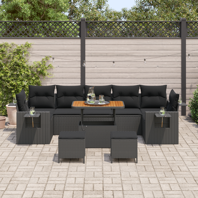 10 Piece Garden Sofa Set with Cushions Black Poly Rattan Acacia