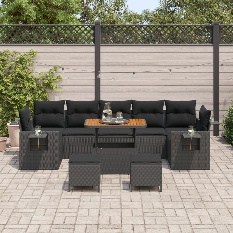 10 Piece Garden Sofa Set with Cushions Black Poly Rattan Acacia