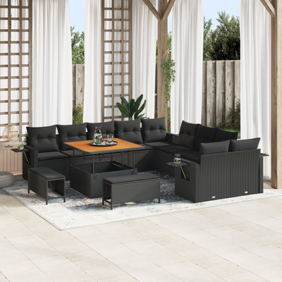 13 Piece Garden Sofa Set with Cushions Black Poly Rattan Acacia