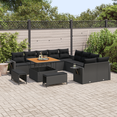 13 Piece Garden Sofa Set with Cushions Black Poly Rattan Acacia