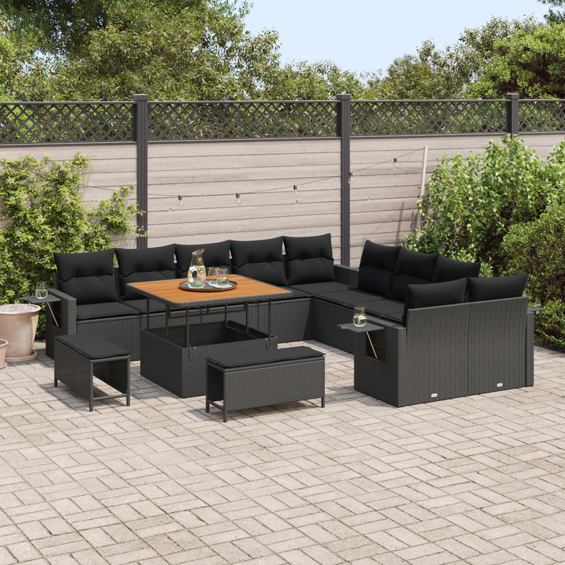 13 Piece Garden Sofa Set with Cushions Black Poly Rattan Acacia
