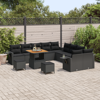 13 Piece Garden Sofa Set with Cushions Black Poly Rattan Acacia