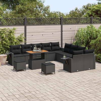 13 Piece Garden Sofa Set with Cushions Black Poly Rattan Acacia